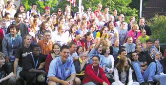 photo of pilgrims from Diocese of Madison, along with pilgrims from Canada and France, at World Youth Day